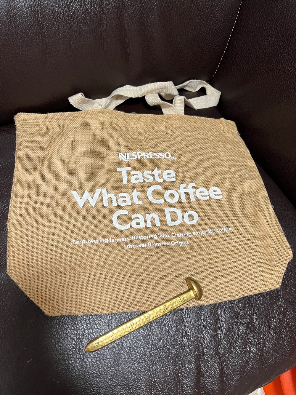 Nespresso Beige Jute Tote Bag with White Logo and Cream Straps